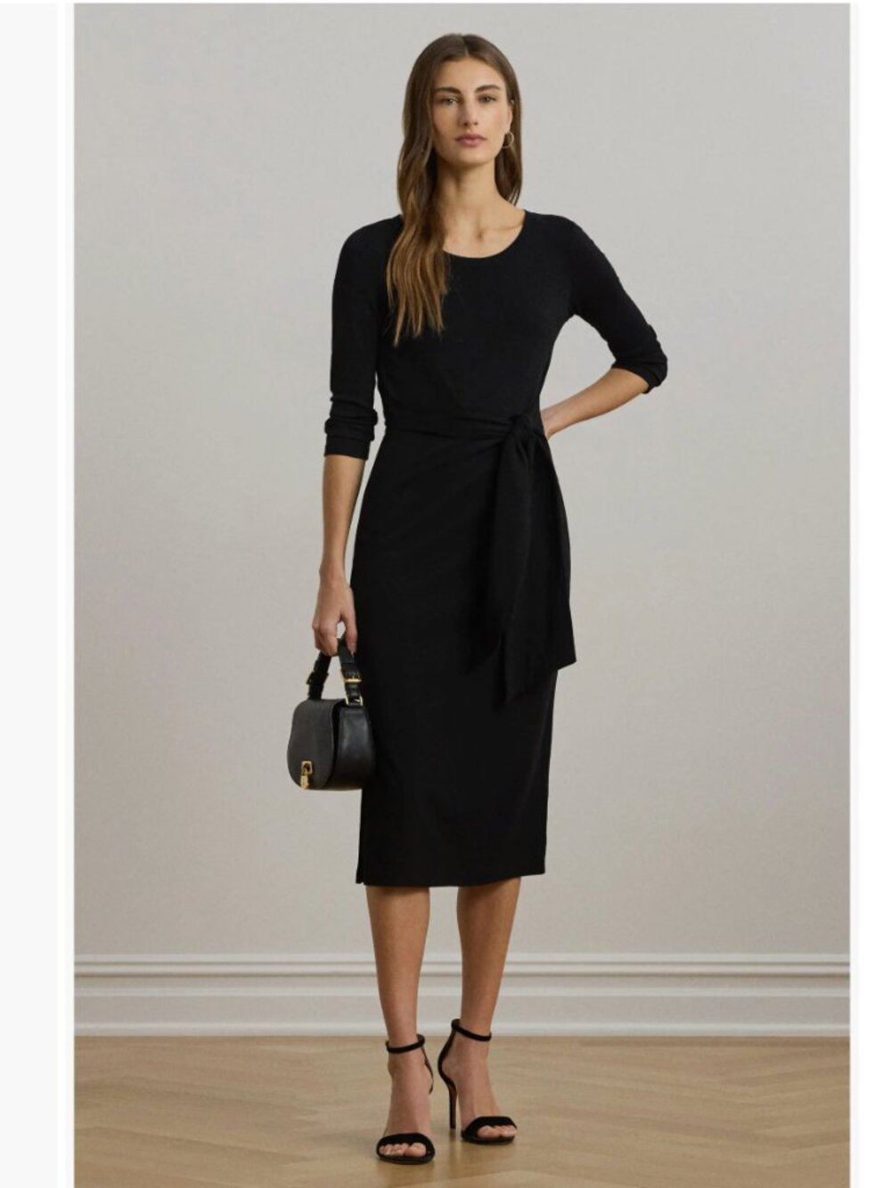 NWT Lauren Ralph Lauren Tie Front Cotton Blend Crewneck Dress Black